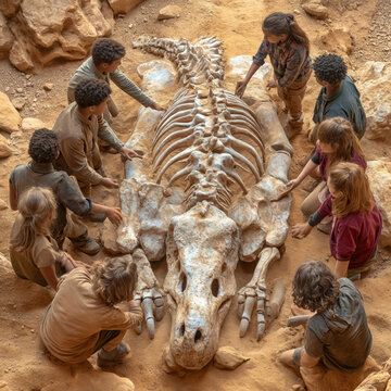 picture from above of archaeology site with young children