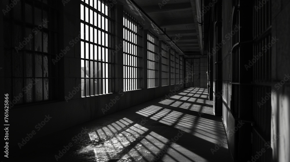 Poster a monochrome representation of an empty jail cell ai generated illustration
