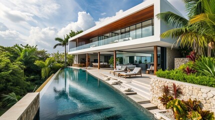 A modern villa with a sleek design infinity pool and tropical landscaping     AI generated illustration
