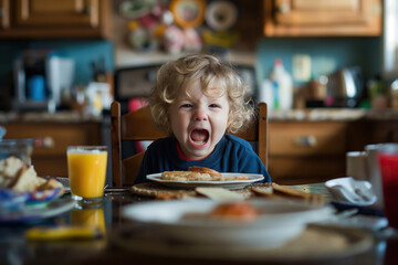 Child being picky about food and crying behind breakfast table, copy space on kitchen background - obrazy, fototapety, plakaty