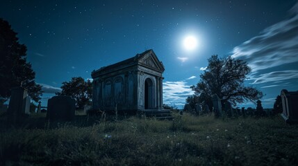 A moonlit mausoleum standing solitary in an empty graveyard     AI generated illustration