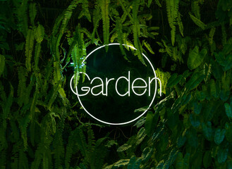 Tropical plants background with Neon light with Garden letterings against leaves, circle neon light
