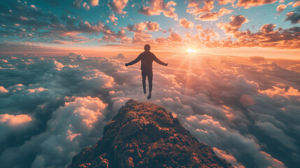 surreal photo of a man flying over a mountain - 761626012