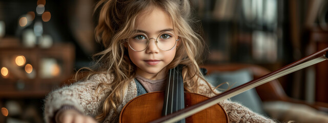 closeup of young girl wearing round glasses playing the cello - 761626020