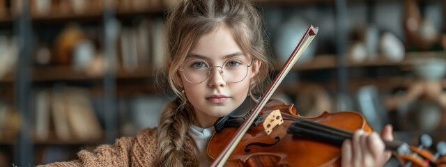 closeup of cute girl wearing nerdy glasses playing the violin - 761626045