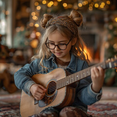 adorable little girl with round glasses playing the guitar - 761626054