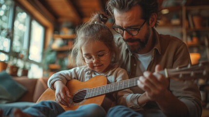cute little girl playing the guitar assisted by father - 761626067