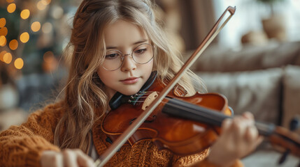 cute girl learning to play the violin - 761626077