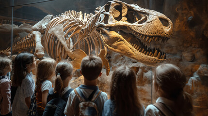 classroom of young children looking at dinosaur in palaeontology museum - 761626220