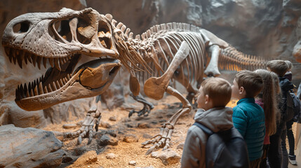large dinosaur skeleton in museum with children looking at it - 761626235
