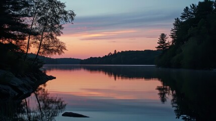 Fototapeta na wymiar A peaceful twilight glow over serene lake waters AI generated illustration