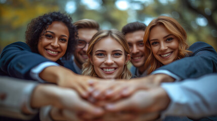 group of happy businesspeople holding hands together - 761626253