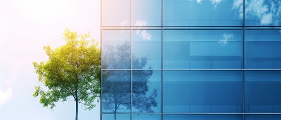 Green Tree on Glass Building Facade