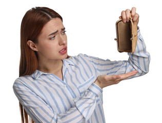 Confused woman with empty wallet on white background