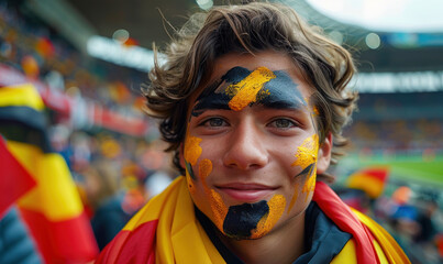 Vibrant Portrait of a Joyful male Spain Supporter with a Spanish Flag Painted on His Face, Celebrating at UEFA EURO 2024 - obrazy, fototapety, plakaty