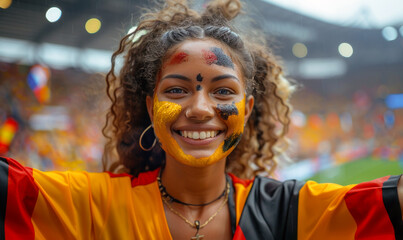 Portrait of a passionate female Belgium fan celebrating at a UEFA EURO 2024 football match, her face painted with the colors and patterns of the Belgium flag, radiating enthusiasm and national pride - obrazy, fototapety, plakaty