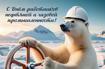 Greeting card in Russian. Happy Oil and Gas Industry Workers Day.