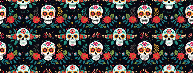 Sugar Skulls and Roses seamless pattern