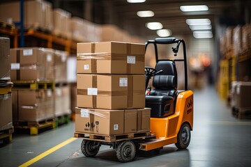 Cardboard boxes on hand pallet truck at storehouse. A pallet truck with a parcel at a logistics company's warehouse. Forklift loader in warehouse. Distribution warehouse. generative AI