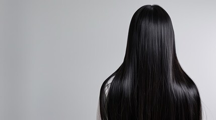 long, straight hair cascading down the back from behind, in real-life settings against a white background, illuminated by natural light, showcasing both black and other hair shades.