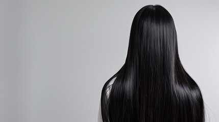 Fototapeta premium long, straight hair cascading down the back from behind, in real-life settings against a white background, illuminated by natural light, showcasing both black and other hair shades.