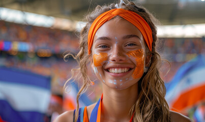 Vibrant Portrait of a Joyful Female Dutch Supporter with a Dutch Flag Painted on Her Face, Celebrating at UEFA EURO 2024 - obrazy, fototapety, plakaty