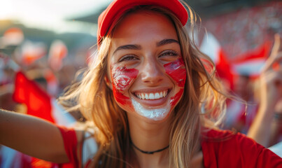 Portrait of a passionate female Polish fan celebrating at a UEFA EURO 2024 football match, her face painted with the colors and patterns of the Polish flag, radiating enthusiasm and national pride - obrazy, fototapety, plakaty