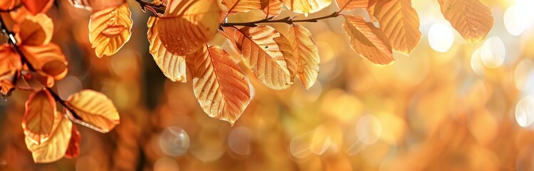 photograph of golden beech leaves with a blurred background and warm colors evoking an autumn mood Generative AI - obrazy, fototapety, plakaty