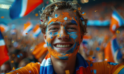 Vibrant Portrait of a Joyful male Netherlands Supporter with a Dutch Flag Painted on His Face, Celebrating at UEFA EURO 2024 - obrazy, fototapety, plakaty
