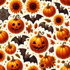 Seamless design of orange pumpkins, bats, cobwebs, sunflowers and autumn leaves.