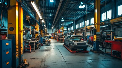 A productive automotive repair shop with car lifts tools and skilled mechanics illustrating expertise in vehicle maintenance     AI generated illustration - obrazy, fototapety, plakaty