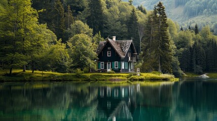 Fototapeta premium A quaint house resting solitary at the edge of a placid lake AI generated illustration