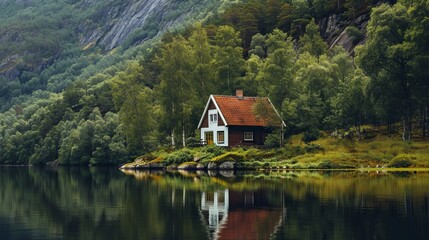 A quaint house resting solitary at the edge of a placid lake    AI generated illustration