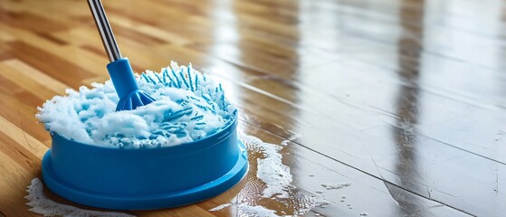 Blue mop and bucket on floor