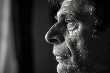 Obraz premium A profile shot of a man in a reflective mood. The black and white effect emphasizes the contours and emotion on his face