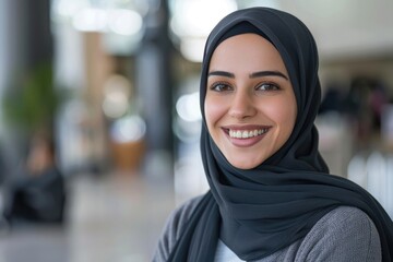 A smiling woman wearing a hijab, giving a friendly and open expression, set against a blurred indoor background that suggests a corporate or educational setting