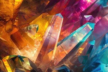 A close-up of light refracting through crystals, creating a vibrant array of colors and patterns that are both abstract and mesmerizing