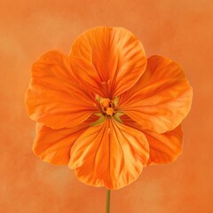 A close-up of a vibrant orange nasturtium flower against a pastel orange background, highlighting the intricate details of the petals and the central structure of the flower