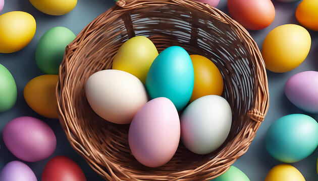 Easter eggs in a basket. Painted eggs close up. Festive Easter background. Selective focus. AI generated
