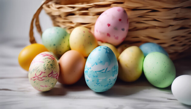 Easter eggs in a basket. Colored eggs close up. Holiday Easter background. Selective focus. AI generated