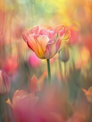 A single tulip with ruffled petals, colored in vibrant pink and yellow hues, standing out in a soft-focus field of flowers