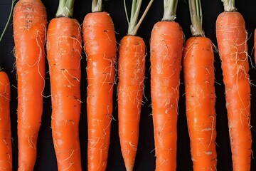 a close-up of several carrots lying parallel to each other. The bright orange color and texture...
