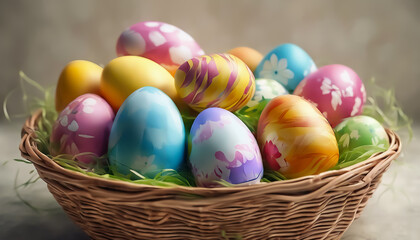 Fototapeta na wymiar Easter eggs in a basket. Painted eggs. Festive Easter background. AI generated