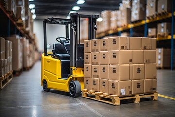 Cardboard boxes on hand pallet truck at storehouse. A pallet truck with a parcel at a logistics company's warehouse. Forklift loader in warehouse. Distribution warehouse. generative AI