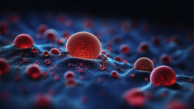 Human red blood cells, erythrocytes illustration, Embryonic stem cell microscope background generative ai	
