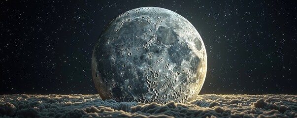 Amazing scenery of white glowing moon with craters in black sky with clouds at night - obrazy, fototapety, plakaty