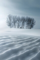 Solitude of Winter: Tranquil Snowfield under Overcast Sky with Solitary Cabin and Bare Trees.