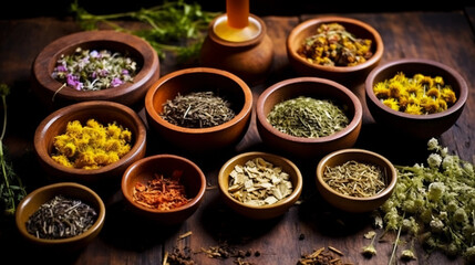 assortment of dry tea in wooden bowls, healing herbs in with chamomile and essentials, panorama backgrounds banner. 