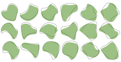 Organic amoeba blob shape abstract green color with line vector illustration isolated on transparent background.Set of irregular round blot form graphic element. Doodle drops with outline circle,eps10