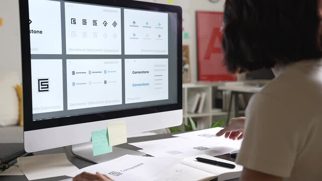 Asian Graphic designer working in office. Designing logo Artist Creative Designer Illustrator Graphic Skill Concept.